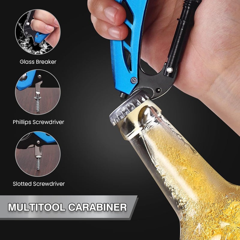 FUNBRO EDC Multitool Carabiner with Knife, Bottle Opener, Window Breaker and Screwdriver, Survival Knives Tools for Men Outdoor Camping (Blue) - Image 2
